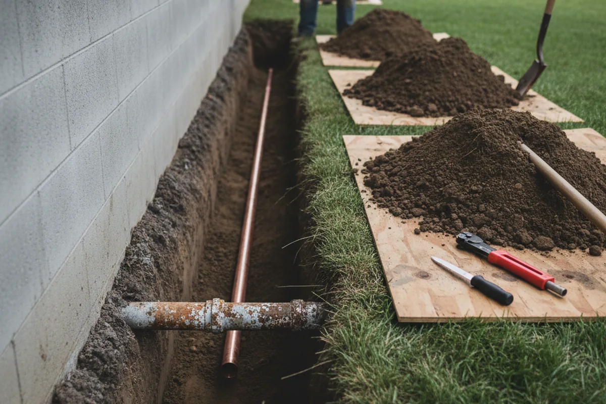 Excavated water line trench during Water Softener Installation in Pennington